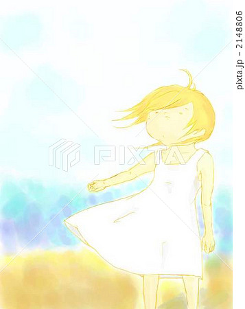 女の子 白いワンピース 海 風のイラスト素材