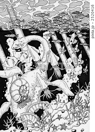 恐竜 モノクローム 海 ペン画のイラスト素材