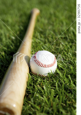 野球ボール 野球バット 球 芝草の写真素材