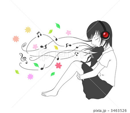 音楽 女子高生 イラスト ヘッドフォン 横向き 女の子の写真素材