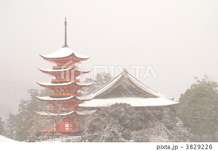 雪景色 宮島 五重塔 千畳敷の写真素材