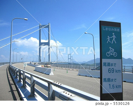 しまなみ海道 サイクリングロード 看板 橋の写真素材 しまなみ海道 サイクリングロード 看板 橋の写真素材