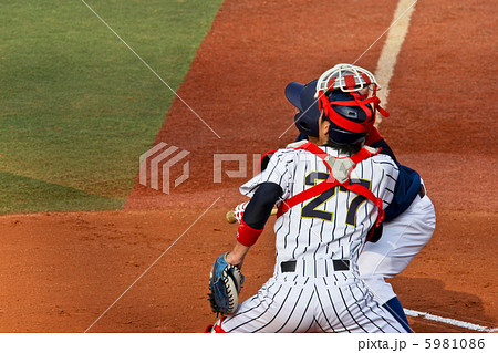 バッター 試合 後ろ姿 グローブの写真素材