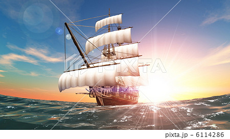 帆船 気象 海賊船 朝日のイラスト素材