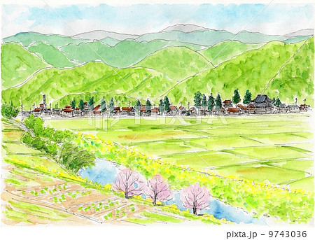 田圃 里山 風景画 山並みのイラスト素材