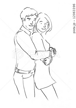 抱きしめる 男女 カップル 線画のイラスト素材