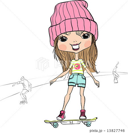 スケボー スケートボード 女の子 女児のイラスト素材