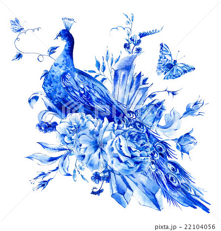 孔雀 ピーコック 咲く花 青のイラスト素材