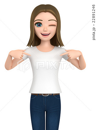 ジーンズをはいた女の子がtシャツを指さしている のイラスト素材