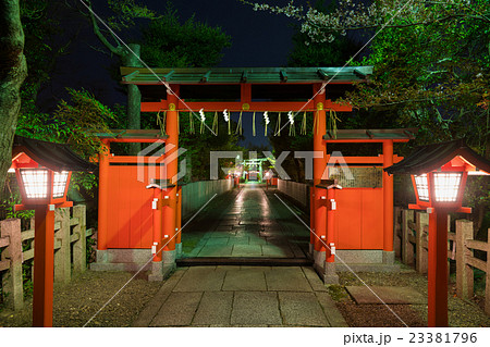 車折神社 夜 神社 鳥居の写真素材