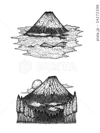 富士山 白黒 モノクロ 山のイラスト素材