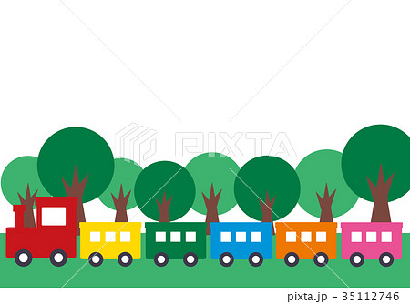 カラフルな汽車と緑の森の夏なフレームのイラスト素材