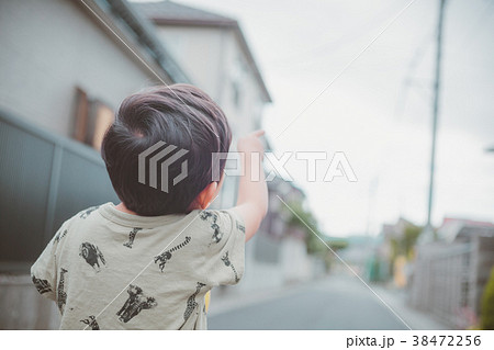 後姿 幼児 指差す 男の子の写真素材