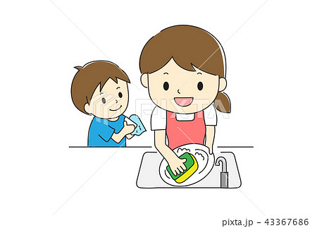 皿洗い 手伝い 親子 子供のイラスト素材