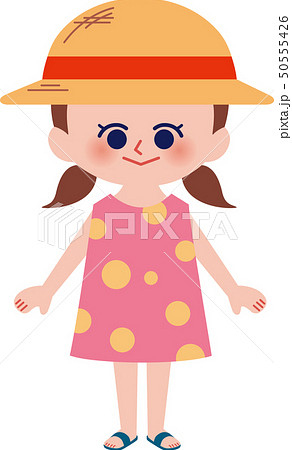 女の子 ワンピース 麦わら帽子 正面のイラスト素材