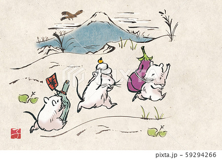 年賀状 子 鼠 鳥獣戯画のイラスト素材