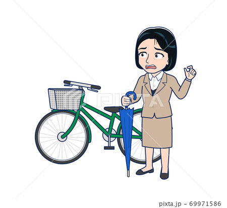 女性 自転車 通勤 雨のイラスト素材