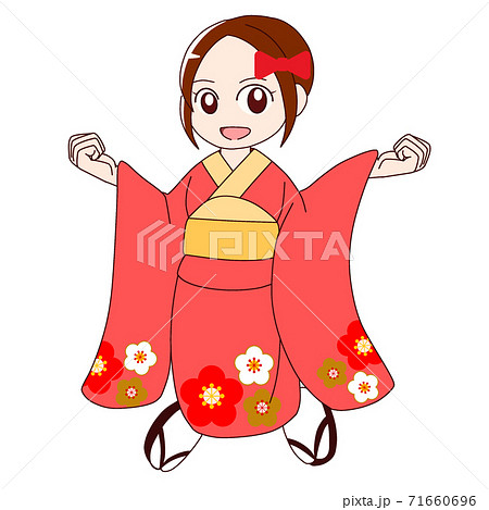 着物 女性 ジャンプ 振袖のイラスト素材