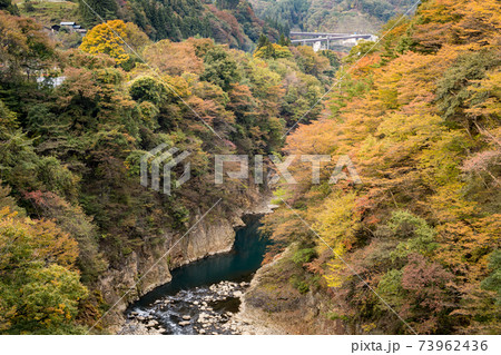 吾妻渓谷 吾妻峡 紅葉 清流の写真素材