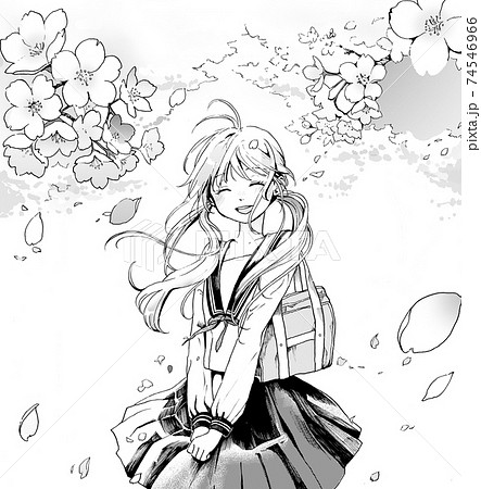 桜と女学生のモノクロイラストのイラスト素材