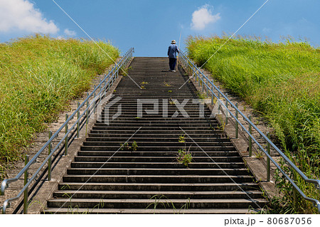 階段 雑草 土手 河川敷の写真素材