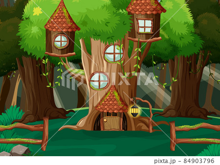 Fantasy Forest Scene With Tree Housesのイラスト素材