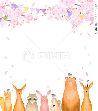 桜 春 動物 フレームのイラスト素材