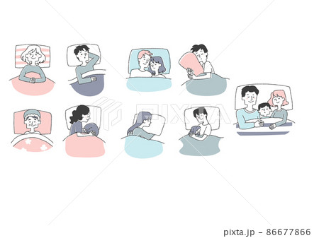 女性 男性 カップル ベッド イラストのイラスト素材