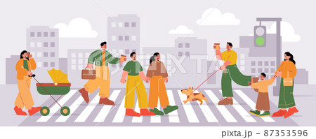 School children crossing road on crosswalk. Zebra crossing. Look right,  look left safety rule. Flat vector illustration template. Stock Vector