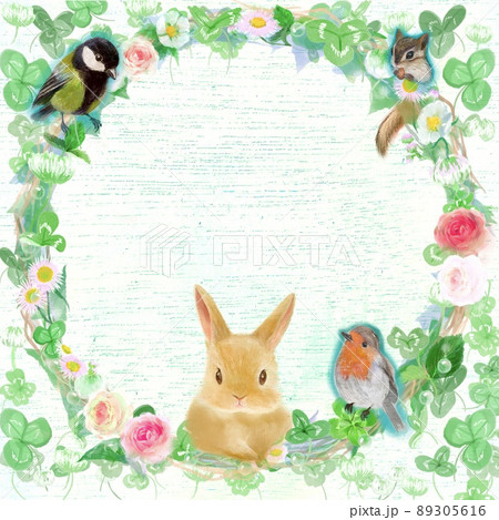 ♡四つ葉のクローバーいっぱいのリース♡リス＆うさぎ シーグラスアート ♡四つ葉のクローバーいっぱいのリース♡リス＆うさぎ
