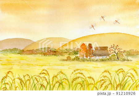 水彩画 里山 秋 風景画のイラスト素材