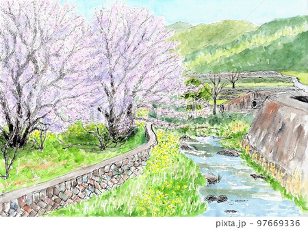 田舎 里山 水彩画 風景画 菜の花 風景の写真素材 - PIXTA