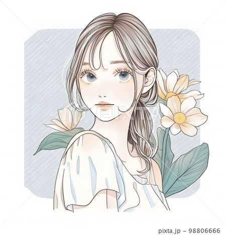 水彩画 女性のポートレート 花のモチーフフランス人画家サイン入り