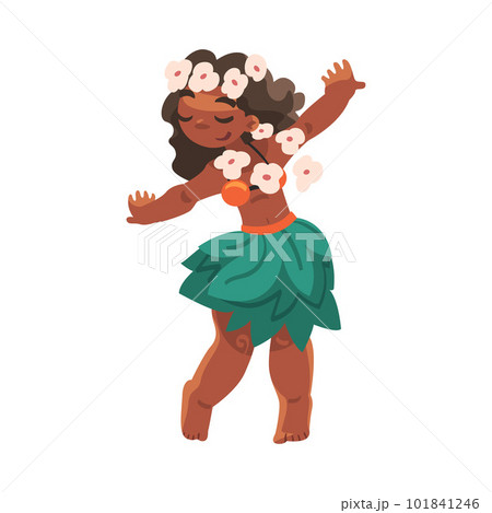 Dancing girl in Hawaii traditional dress. Character in hula skirt, coconut  bra and flower lei. Flat vector design Stock Vector
