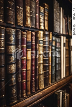 Vintage books on old wooden shelf isolated on white. Old library
