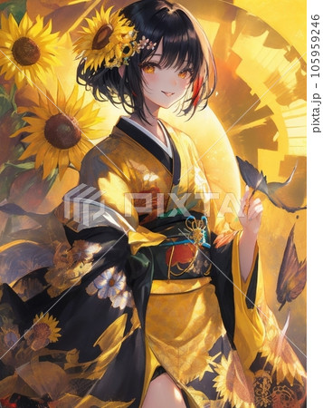 向日葵の着物を着た女性