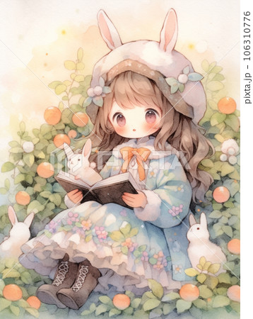 ピンクの髪のかわいい女の子とウサギの水彩イラスト。 | Premium