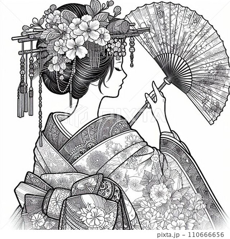 日本人 女性 着物姿 (鉛筆画) 日本人 女性 着物姿 (鉛筆画) 絵画。着物を着た女性