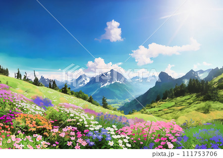 山 花 花畑 風景のイラスト素材 - PIXTA
