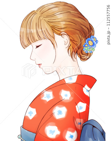 女性 着物 横顔 青のイラスト素材 - PIXTA