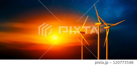 風車 風力発電 夕焼け 夕暮れのイラスト素材 - PIXTA