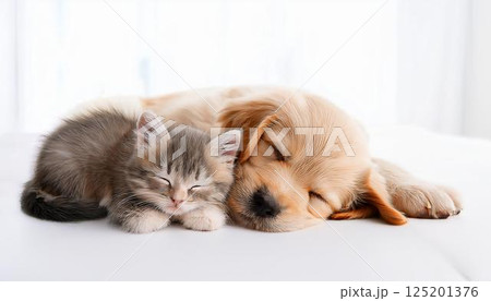 ゴールデンレトリバーと子猫の絵 ゴールデンレトリバーと子猫[28144086310]の写真・イラスト素材