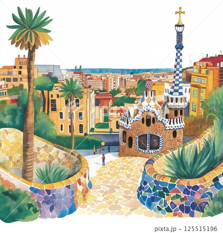 原画#3747 グエル公園　バルセロナ　スペイン　水彩画　ドローイング　風景画 グエル公園 トレンカディスの水彩イラスト、グエル公園