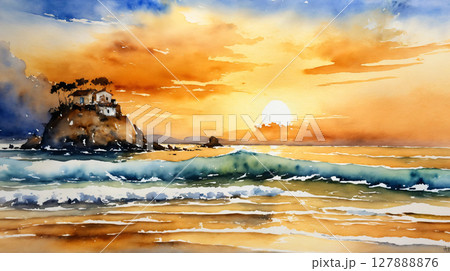 水彩画　海の絵 海 空 地平線 水彩画のイラスト素材 - PIXTA