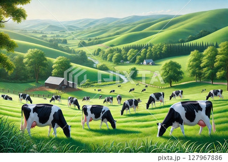 牛 牧場 牧草地 水彩画の写真素材 - PIXTA