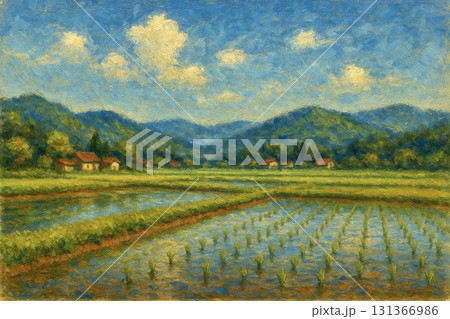 5月の田んぼ 田植え直後 田植え 里山風景 油彩画のイラスト素材
