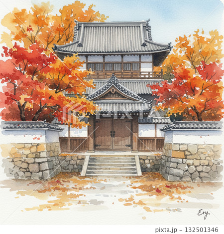 水彩画 日本の風景 架空の建物：紅葉に彩られた和風の建物と観光客の