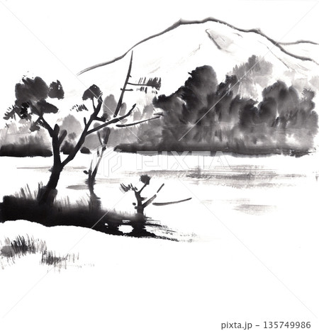 水墨画 山のイラスト素材 - PIXTA